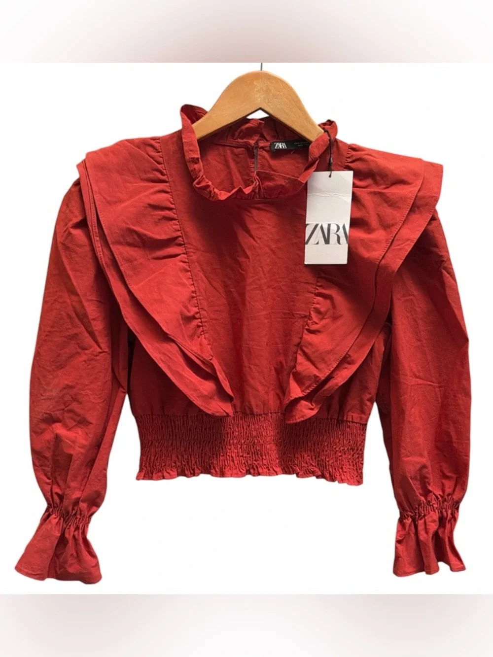 NWT Zara Rust Ruffle-Detail Smocked Crop Top Size S - Picture 3 of 9
